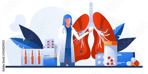 Pulmonology of human lung. For website, banner. Fibrosis, tuberculosis, pneumonia, cancer, virus, lung diagnosis doctors treat, scan lungs. Stethoscope, pharmacy, drugs. Coronavirus, COVID-19.