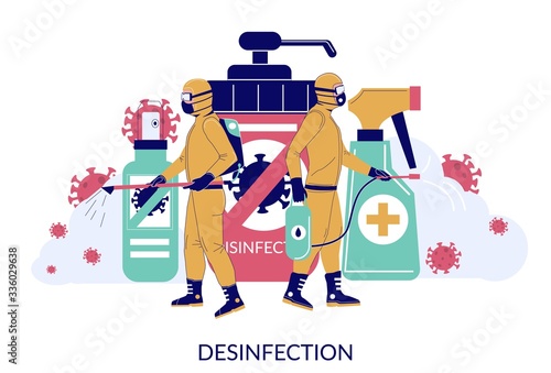 Coronavirus cleaning and disinfection services, vector flat illustration