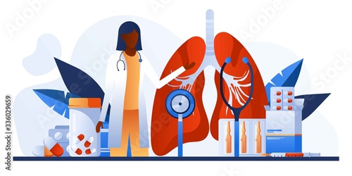 Pulmonology of human lung. For website, banner. Fibrosis, tuberculosis, pneumonia, cancer, virus, lung diagnosis doctors treat, scan lungs. Stethoscope, pharmacy, drugs. Coronavirus, COVID-19.