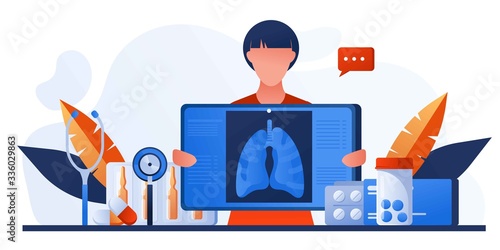 Patients lung radiography image. Lungs with tuberculosis, lung cancer, asthma diseases, coronavirus, infection. Pulmonology, respiratory medicine, radiography. Pharmacy, drugs and pills. Chest x-ray.