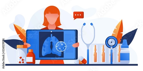 Patients lung radiography image. Lungs with tuberculosis, lung cancer, asthma diseases, coronavirus, infection. Pulmonology, respiratory medicine, radiography. Pharmacy, drugs and pills. Chest x-ray.