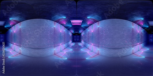 Futuristic HDRI underground interior with glowing blue and pink neon light tubes reflecting on walls and floor. 360 panorama reflection mapping of a long tunnel 3D rendering photo