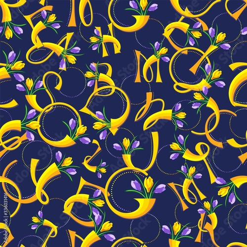 Seamless pattern with letters. Alphabet in yellow and lilac color with a bouquets of crocuses. Dark blue background.
