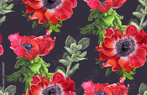 Fototapeta Naklejka Na Ścianę i Meble -  Seamless pattern with  flowers. Red anemone.