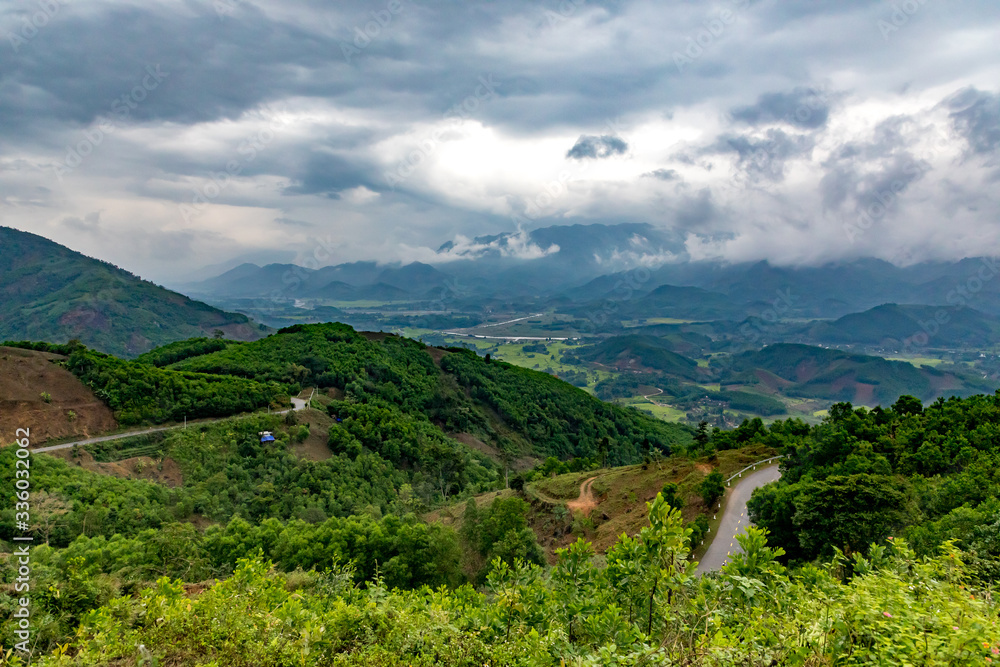 View of the mountains and walley from the mountain road in Vietnam