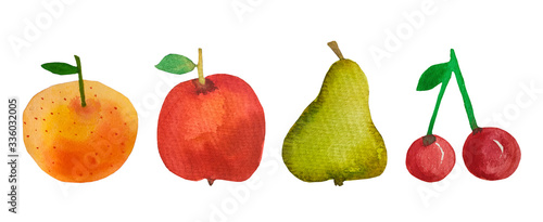 Watercolor hand painted fruits collection. Stock illustration. Fruit illustration, simple pear, apple, cherry, peach. 