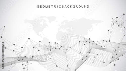 Digits abstract background with connected line and dots, wave flow. Digital neural networks. Network and connection background for your presentation. Graphic polygonal background. Vector illustration.