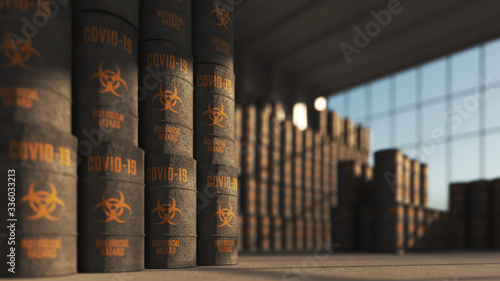 Industrial waste. Biohazard symbol. coronavirus. 3D render