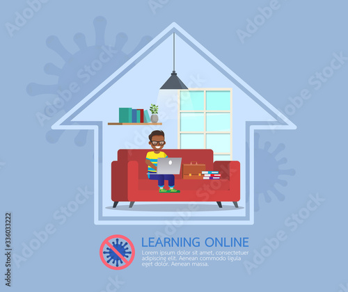 Distance learning online education classes for children during coronavirus. Social distancing  self-isolation and stay at home concept. Character vector design. no3
