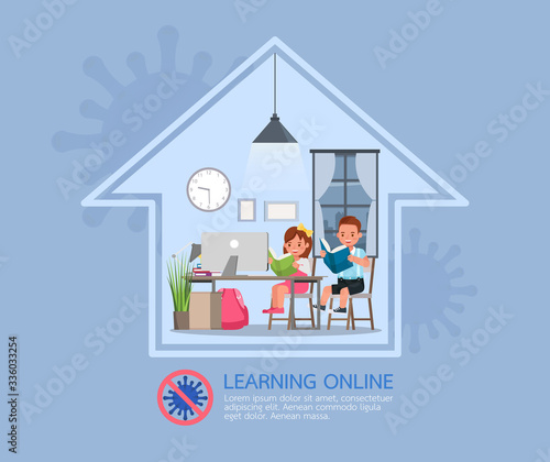 Distance learning online education classes for children during coronavirus. Social distancing, self-isolation and stay at home concept. Character vector design. no4