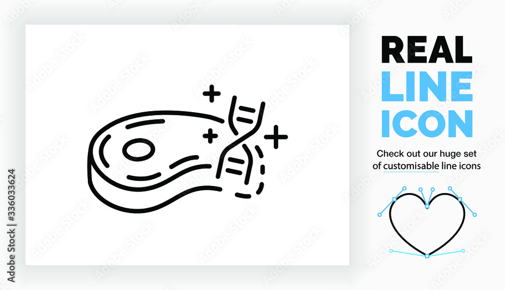 Editable real line icon of lab grown meat in form of a steak with muscle, bone and fat with a DNA string in a laboratory in modern clean stroke lines on a clean white background as a eps vector file Editable real line icon of lab grown meat in form of a steak with muscle, bone and fat with a DNA string in a laboratory in modern clean stroke lines on a clean white background as a eps vector file