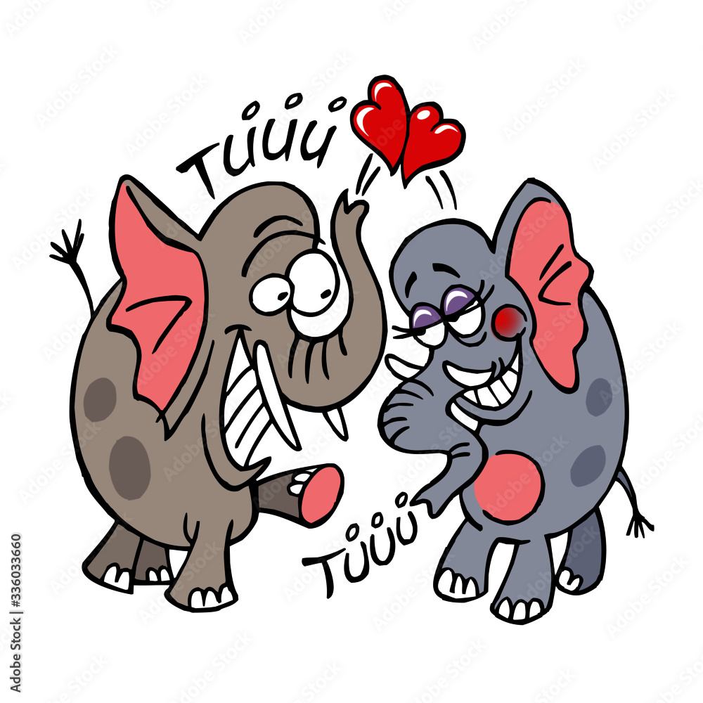 Elephant in love and elephant lady blowing trunks and sending each other heart, valentines day theme, color cartoon