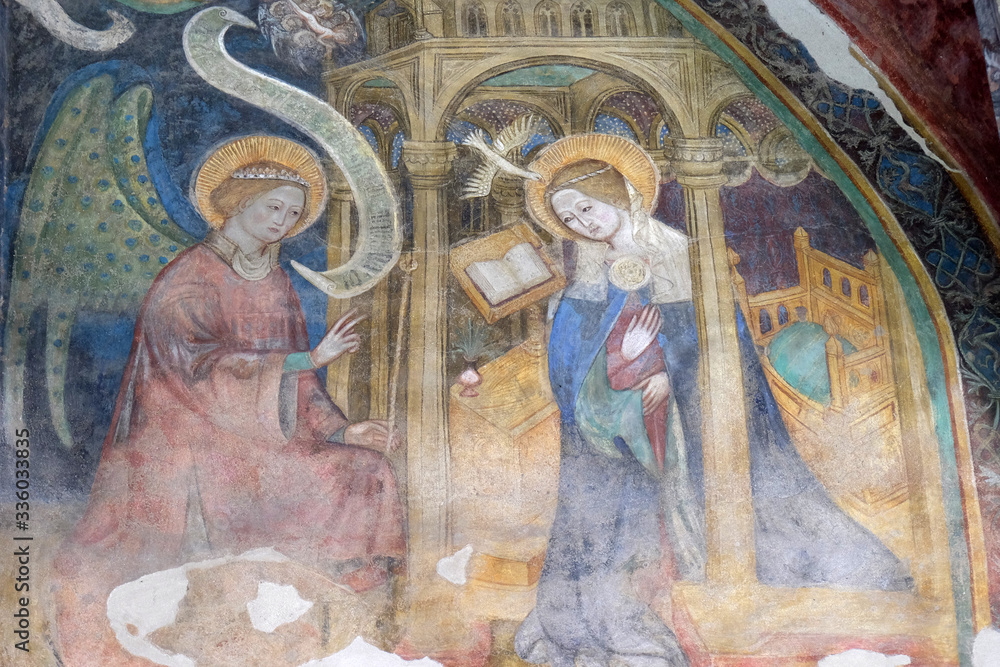 Annunciation to the Virgin Mary, fresco in the cloister, Cathedral of Santa Maria Assunta i San Cassiano in Bressanone, Italy