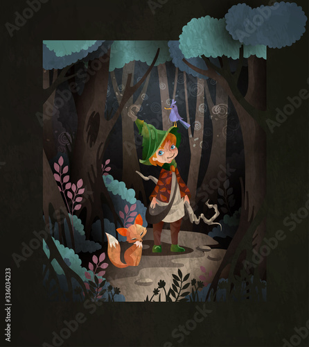 Fairy tale illustration cute little boy wizard in front of night forest with magic staff and fox