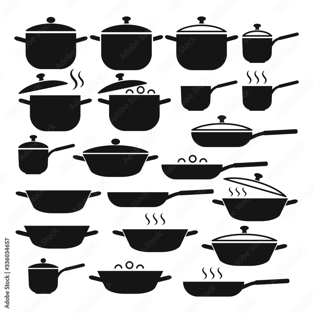 Vector set of kitchen utensils icons. Collection pots and pans with lids. Vector set of kitchen utensils icons. Collection pots and pans with lids.