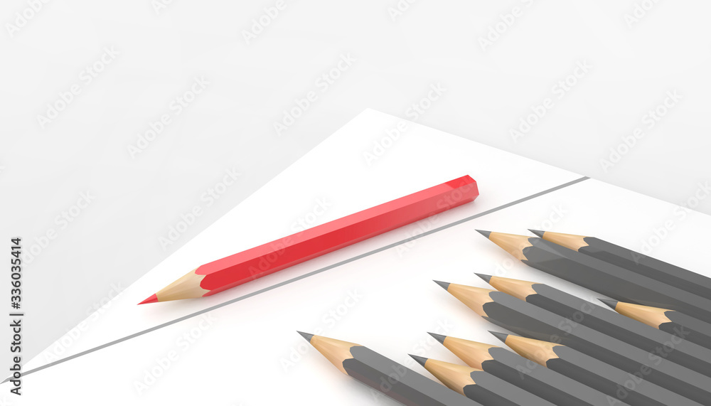 Fototapeta premium Minimalist template Business Concepts with copy space by top view close up Red pencil with diagonal and Grey Pencil Groups isolated on white paper in background - 3d rendering