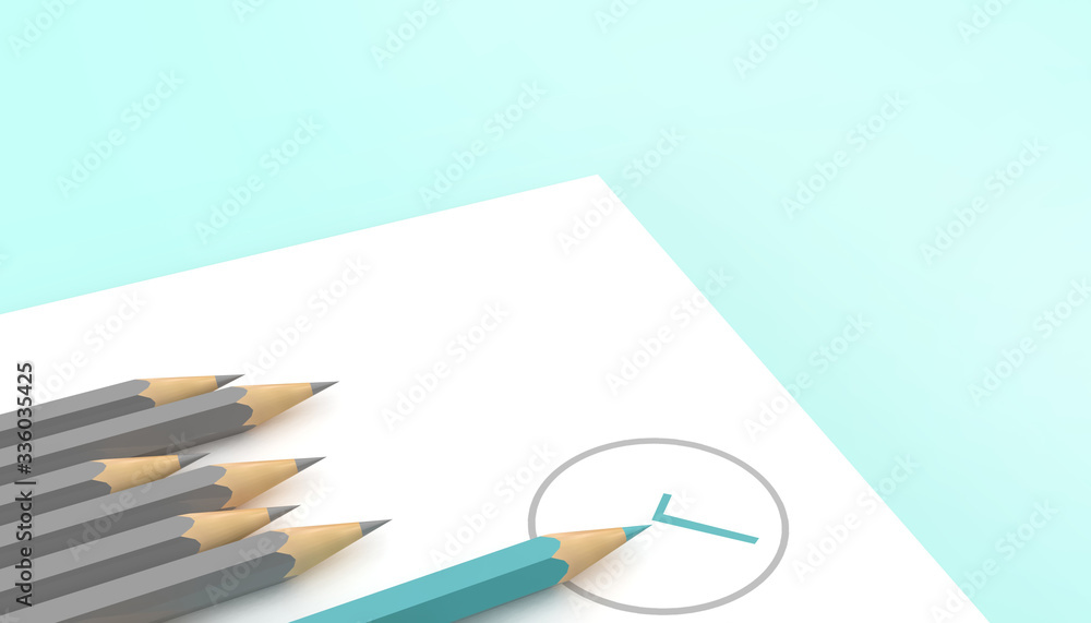 Minimalist template with copy space by top view close up Blue pencil in circle Concept and Grey Pencil Groups isolated on white paper in Blue background - 3d rendering Minimalist template with copy space by top view close up Blue pencil in circle Concept and Grey Pencil Groups isolated on white paper in Blue background - 3d rendering