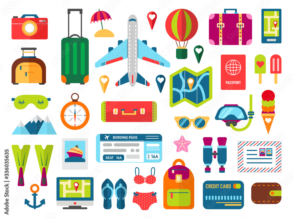 Summer journey vacation vector set flat style Summer journey vacation vector set flat style