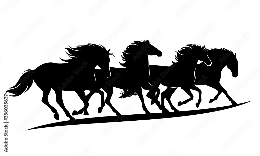 herd of wild mustang horses rushing forward black vector silhouette