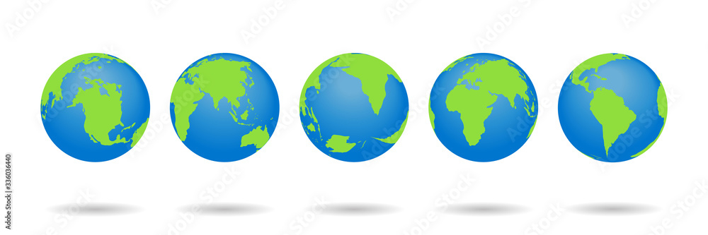 Set of Earth globes. World maps isolated on white background. 3d globus icons. World symbol with blue, green color. Continents and oceans for travel, web, app. Graphic planets. Geography logo. Vector Set of Earth globes. World maps isolated on white background. 3d globus icons. World symbol with blue, green color. Continents and oceans for travel, web, app. Graphic planets. Geography logo. Vector