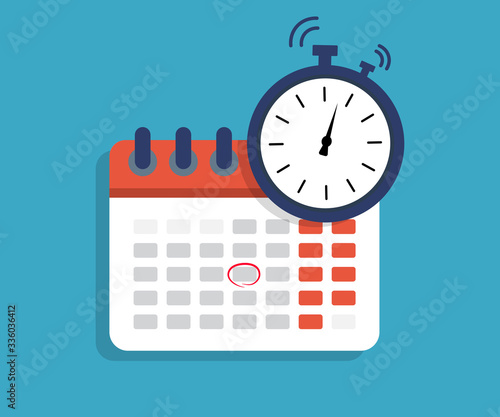 Calendar with time clock icon. Clock time calendar. Date of schedule. Deadline and meeting concept. Time countdown. Reminder of holiday. Finance timer, organizer. Appointment in year, month. Vector.