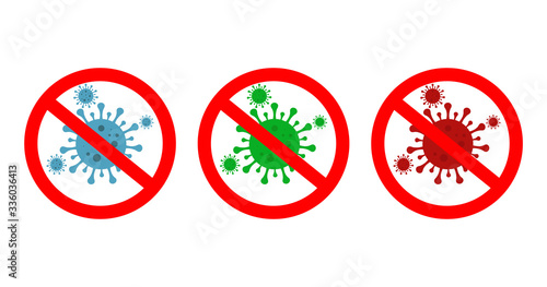 Virus icons. Stop corona. Sign bacteria danger. Antibacterial protection. Cell microbe infection. Warning coronavirus. Blue, green, red symbol of quarantine. Sign antiseptic and prevention. Vector