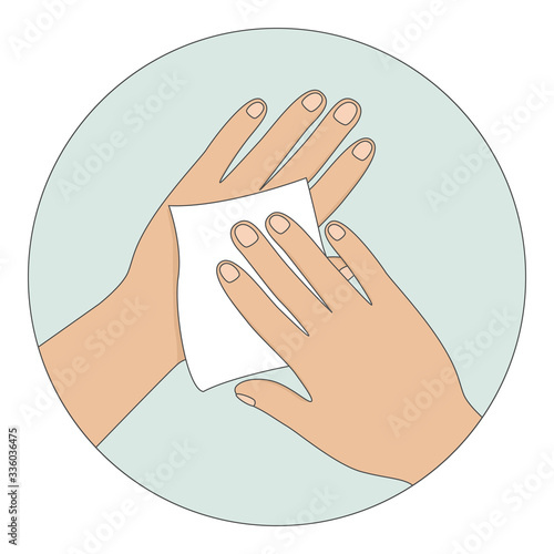 Wiping hands with antiseptic wipe. Vector illustration.