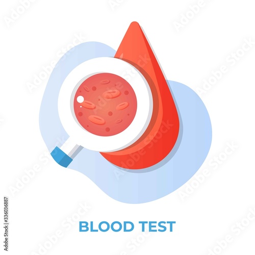 Medical blood test. Vector illustration. Blood test, magnifying glass and red drop. Red cells in blood drop, hematologic diseases. Medical blood test flat concept. Chemical laboratory analysis.