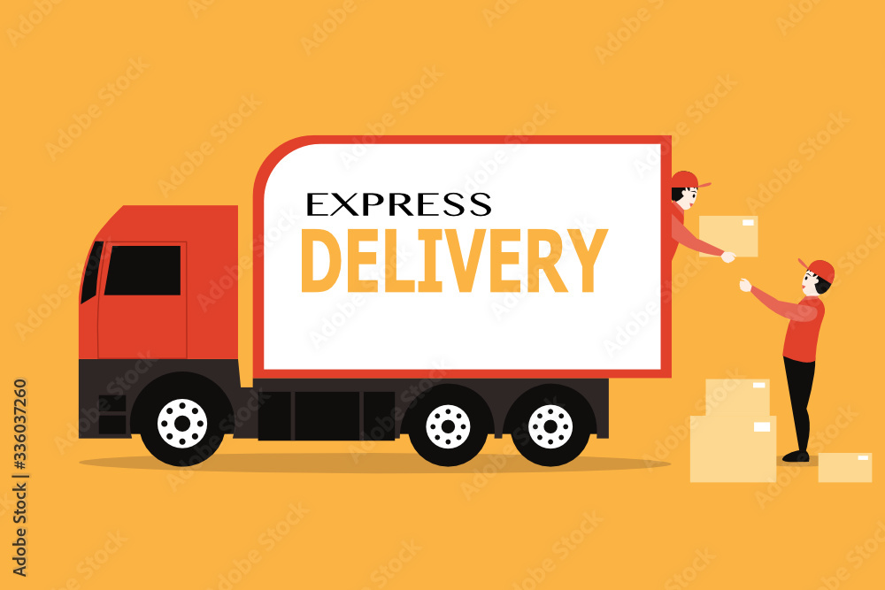 Workers moving bring box into truck container. Workers moving bring box into truck container.