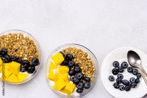 Bowls of Muesl and Yogurt with Berry and Mango Healthy Breakfast Diet Food Horizontal photo