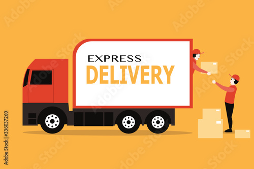 Workers moving bring box into truck container.