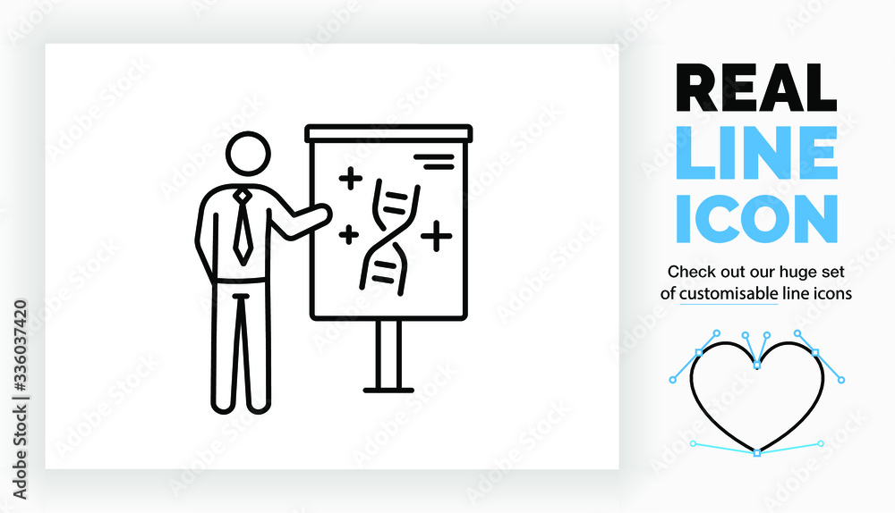 Editable real line icon of a stick figure business person giving a presentation on a paper flip board about the core DNA of a brand by a marketing agency in modern black stroke lines as a eps vector Editable real line icon of a stick figure business person giving a presentation on a paper flip board about the core DNA of a brand by a marketing agency in modern black stroke lines as a eps vector