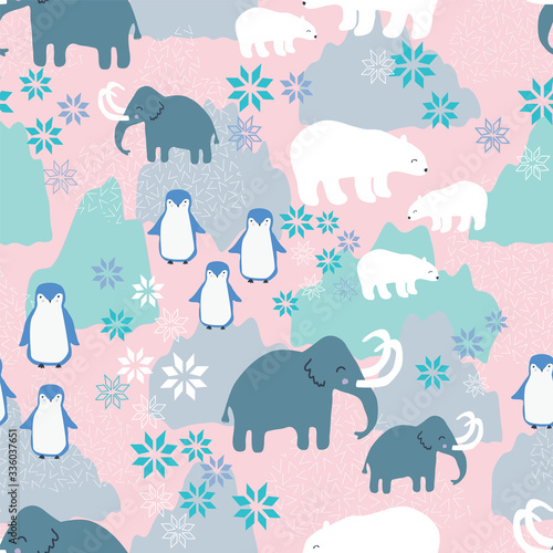 Winter wildlife scene vector repeat pattern. Perfect for scrapbooking, wallpaper, stationary, homeware. Seamless print. 