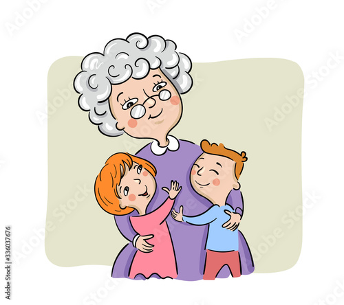 Grandmother hugs her grandchildren