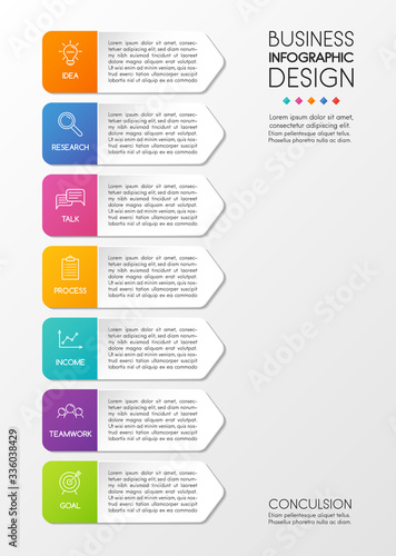 Infograph design with business icons and 7 options. Vertical diagram. Vector