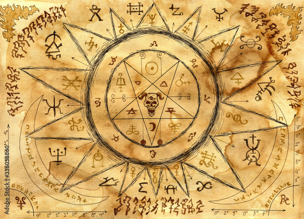 Ouija spiritual board design with alchemy sings and pentacle on old paper background.