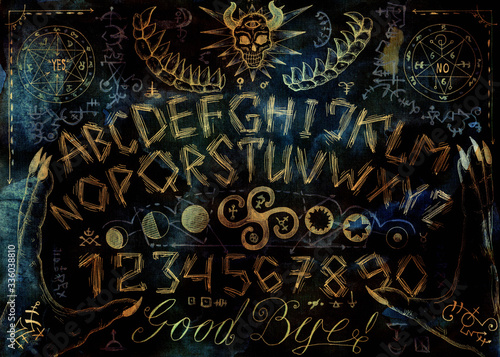 Ouija magic spiritual board design with evil face, letters and hands on grunge texture background