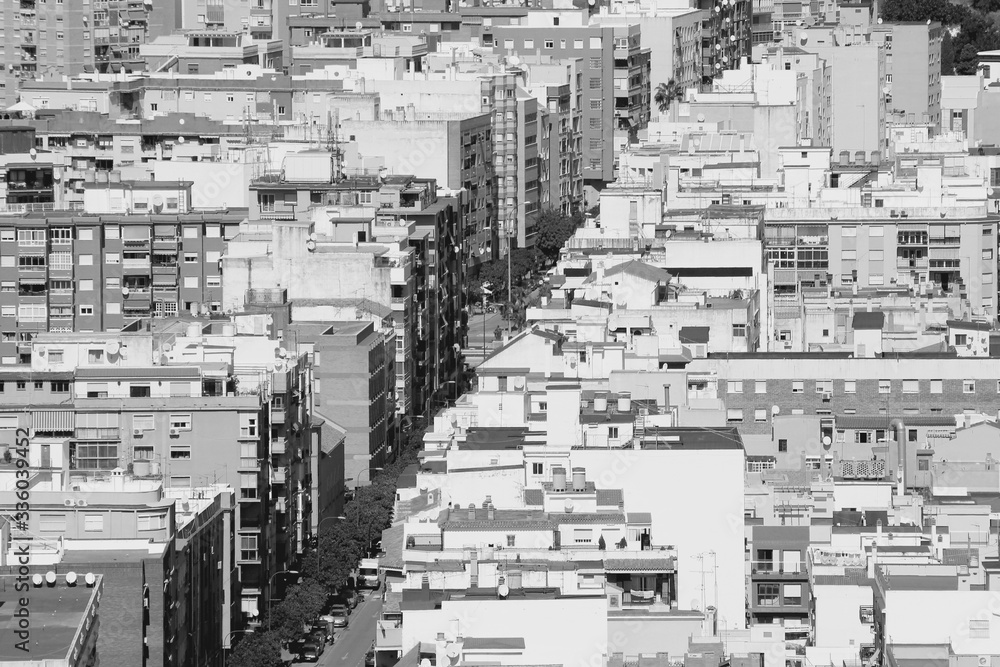 Malaga, Spain. Black and white vintage style.