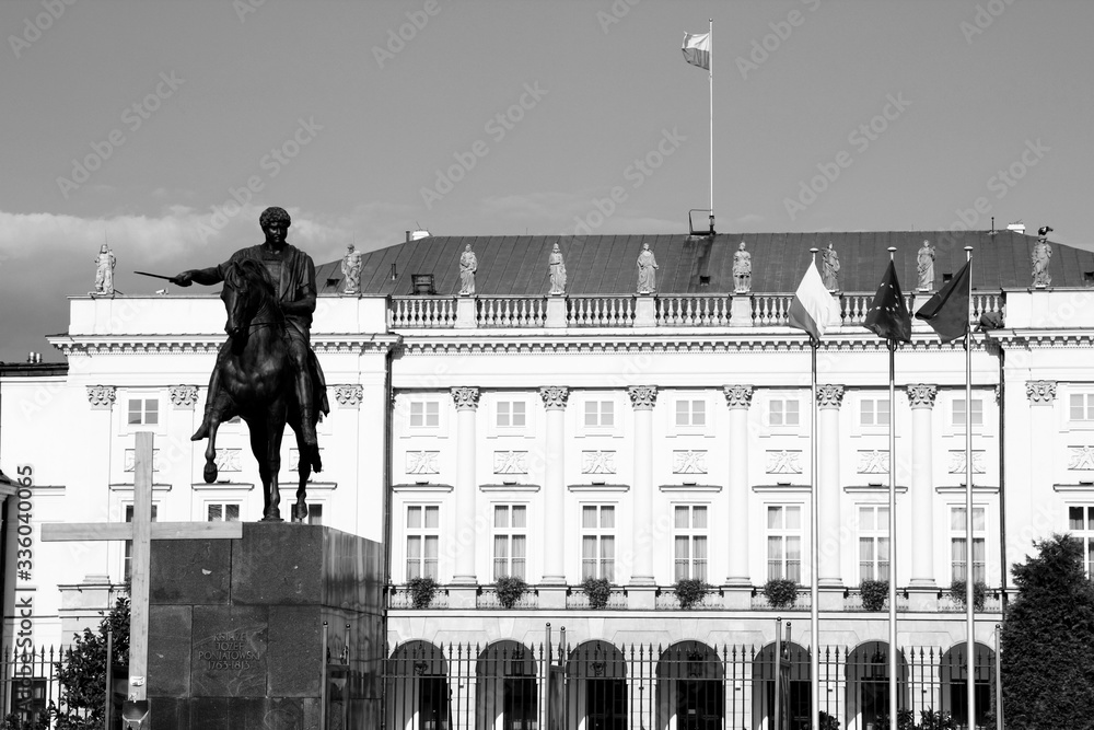 Warsaw Presidential Palace. Black and white retro style.