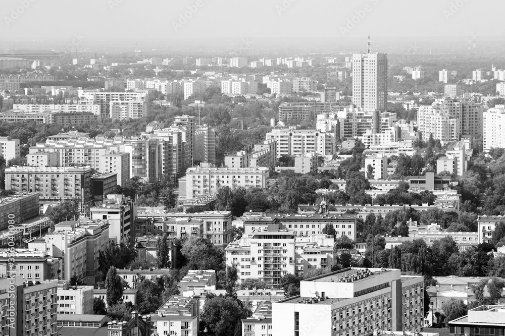 Warsaw aerial view. Black and white retro style.