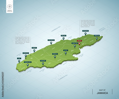 Stylized map of Jamaica. Isometric 3D green map with cities, borders, capital Kingston, regions. Vector illustration. Editable layers clearly labeled. English language.