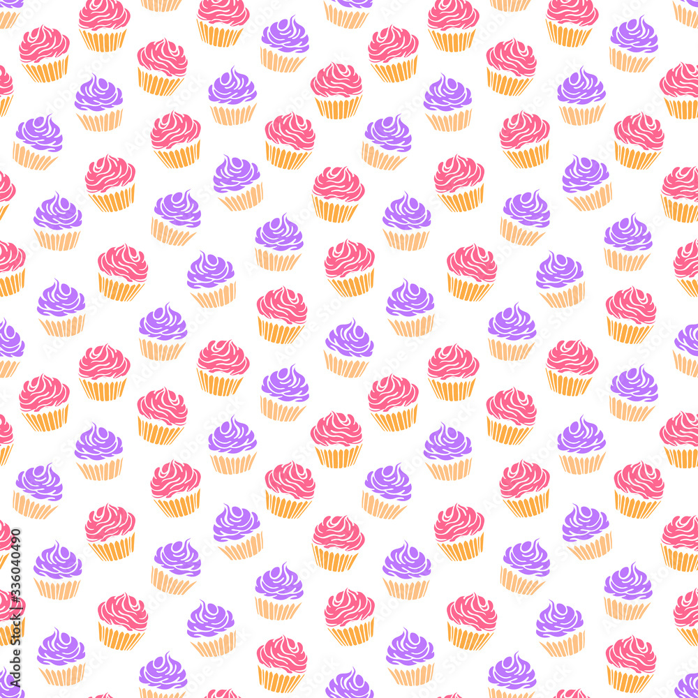 Cupcake seamless pattern with white background. Colorful cupcakes vector illustration. Yummy desserts. Cupcake seamless pattern with white background. Colorful cupcakes vector illustration. Yummy desserts.