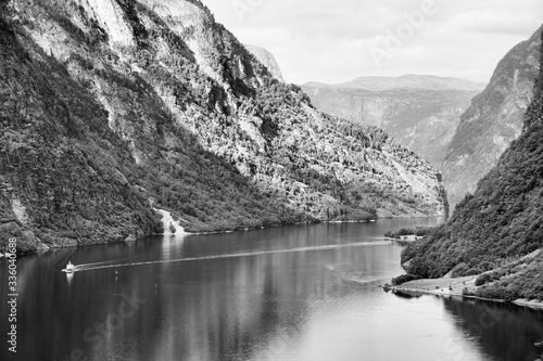 Norway fjord. Black and white retro style.