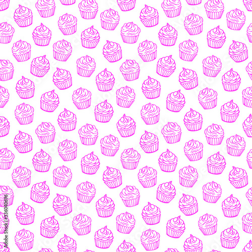 Outlined cupcakes on white background. Seamless vector pattern. Food  desserts and sweet theme.