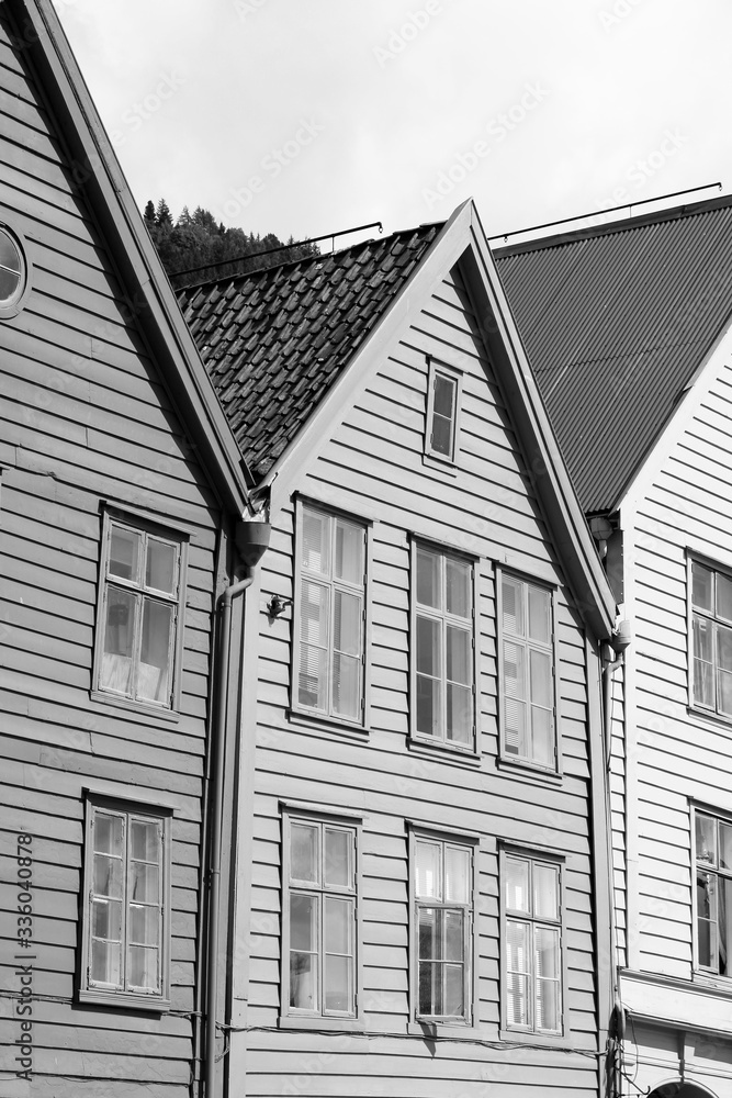 Bergen street view - Bryggen. Black and white retro style.