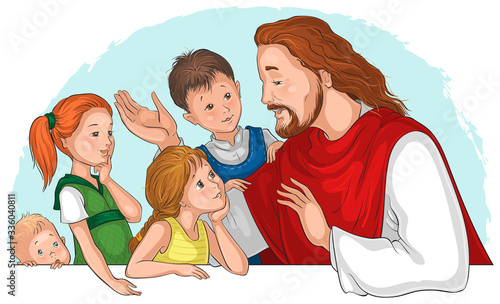 Jesus Christ talking to children. Vector cartoon illustration
