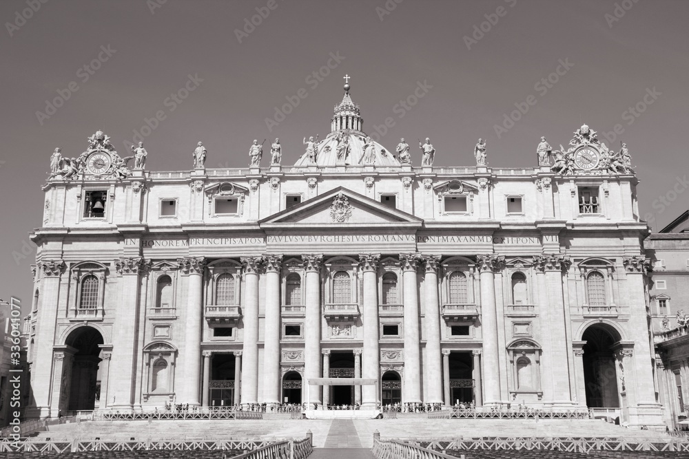 Saint Peter's Basilica, Vatican. Black and white retro style.