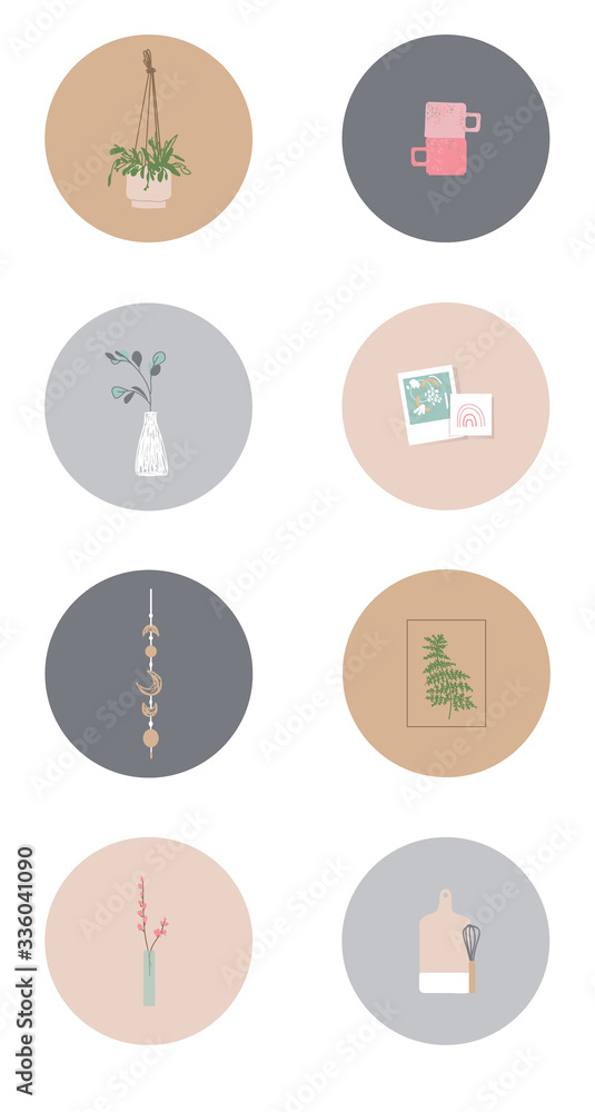 Fototapeta premium Icons of decor elements for a modern interior. Things for home design. Round vector icons. Trending things in everyday life.