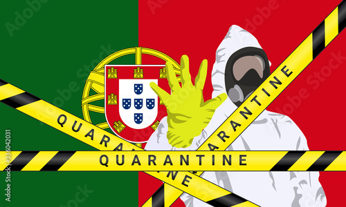 Illustration vector graphic of image man wearing hazmat suits to prevent Coronavirus and diseases on Portugal flag background. Vector of yellow quarantine tape. Concept of covid-19 quarantine.