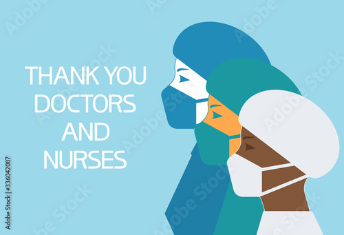Thank you doctors and nurses.Poster. Illustratively graphic poster with text information and graphic elements.